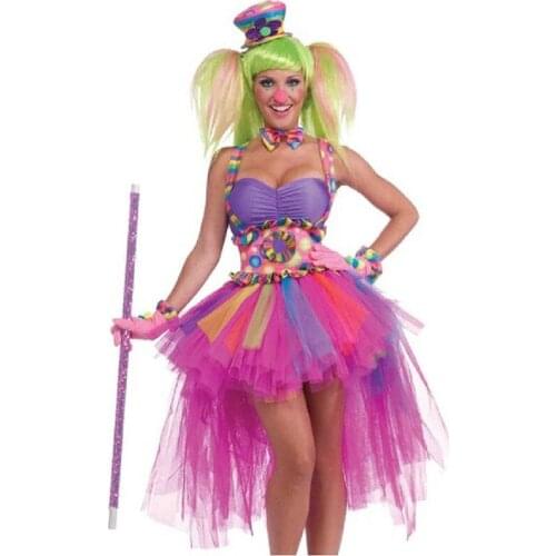 Classic Candy Color Adult Female Circus Clown Costume Naughty Clown Costume For Halloween Carnival Fancy Party Dress