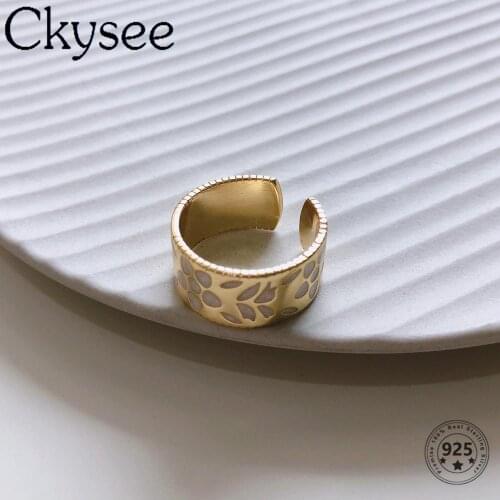 Ckysee 925 Sterling Silver Wide Rings Flower Gold Resin Printing Ring Opened Adjustable Rings For Woman Original Fine Jewelry