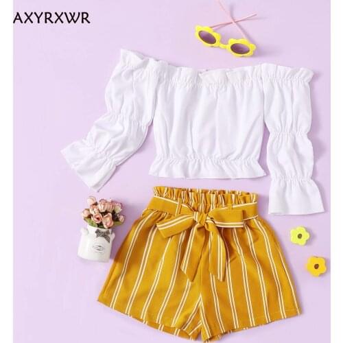 2-7Years Fashion Kids Girls Summer Clothing Sets Off Shoulder Ruffles Long Sleeve T-shirts+Bowknot Striped Shorts 2PCS Outfits