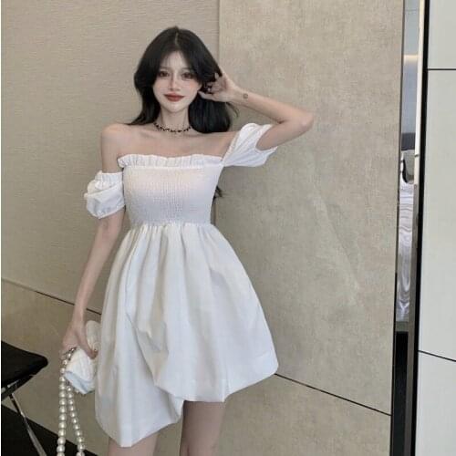 Korean Asymmetric A-line Dresses Women Off Shoulder Slash Neck Puff Sleeve Short Dress White Summer Style Sexy Female New