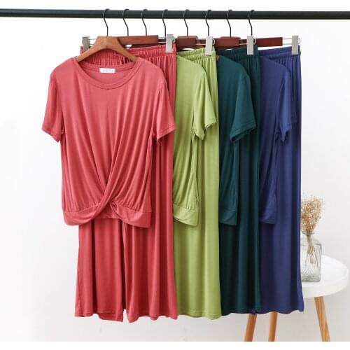 Summer Modal, Twist Short Sleeve + Casual Pants, Womens Loose Wide Leg Sports Pants, Thin Drape Pants, All-match Large Size Hom