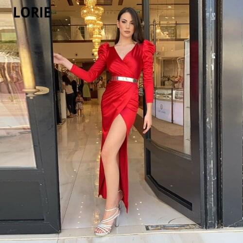 Lorie Simple Red Silk Satin Evening Party Dresses With Cap Sleeves V Neck Pleat Ankle Length Slit Dubai Women Formal Prom Gown
