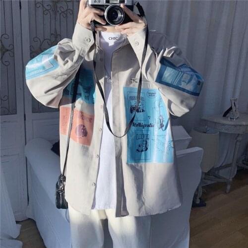 Men Japanese Streetwear Cartoon Print Jacket 2020 Loose Outdoor Hip-Hop Sport Coats Autumn Slim Fit Tops