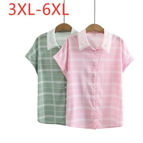 New 2021 Ladies Summer Plus Size Tops For Women Large Blouse Short Sleeve Casual Pink Green Plaid Chiffon Shirt 3XL 4XL 5XL 6XL