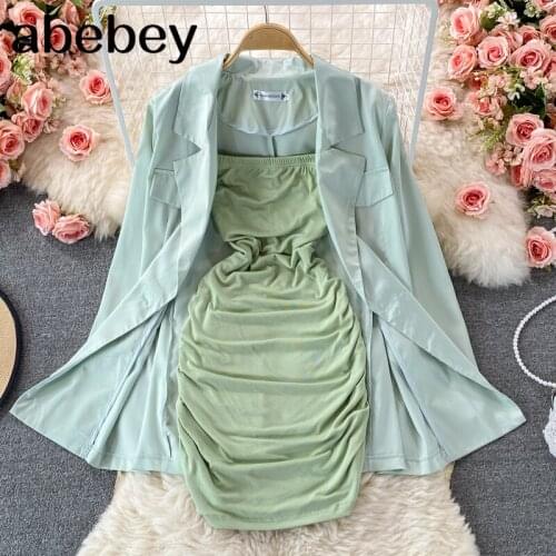 2021 New Spring Autumn Korean long sleeve solid color loose Suit Coat + high waist pleated short strapless Dress two-piece set