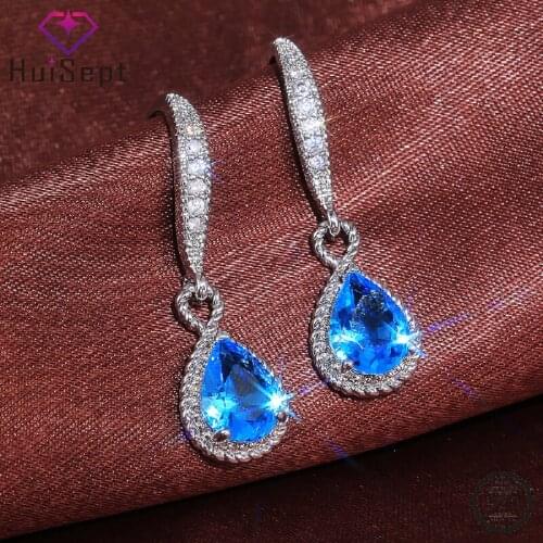 HuiSept Charm Earring for Women 925 Silver Jewelry Water Drop Shape Sapphire Gemstone Accessory Drop Earring Wedding Engagement