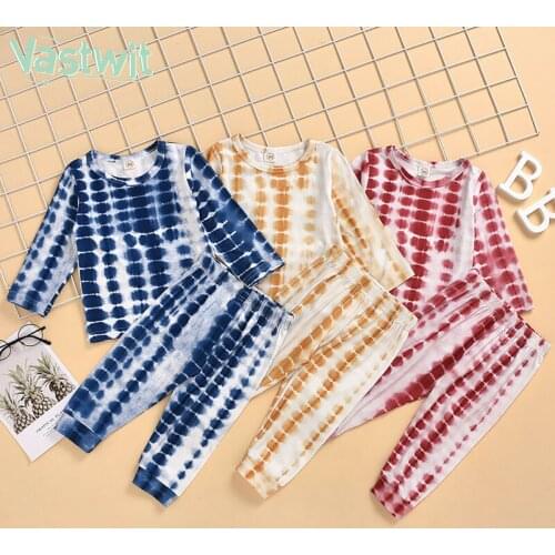Baby Boys Girls Pajamas Sets Toddler Kids Tie Dye Print Long Sleeve Casual Pullover Tops+Trouser Pants Clothes Cotton Outfits