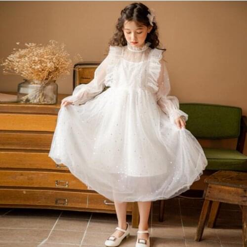 4 To 16Year Teenage Girls Princess Dress 2021 Spring New Children Long Sleeve Sparkle Tulle Party Tutu Dresses Clothing Elegant