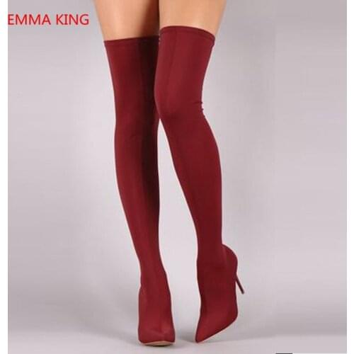 Runway Fashion Women Thigh High Stretch Boots Pointed Toe Slip On High Heels Shoes Woman 2018 Winter Over The Knee Socking Boots