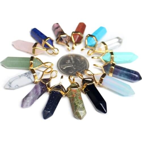 Natural Stone Hexagonal Column pendants Golden head ornament charm Crystal pendant For jewelry making DIY necklace accessories
