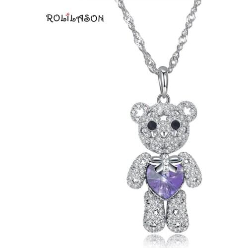 ROLILASON 925 sterling silver cute bear heart-shaped necklace pendant pink zircon jewelry female models SP73
