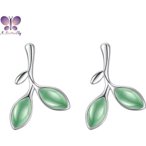 925 Sterling Silver Opal Earrings Green Leaf Bud Earrings Fashion Jewelry