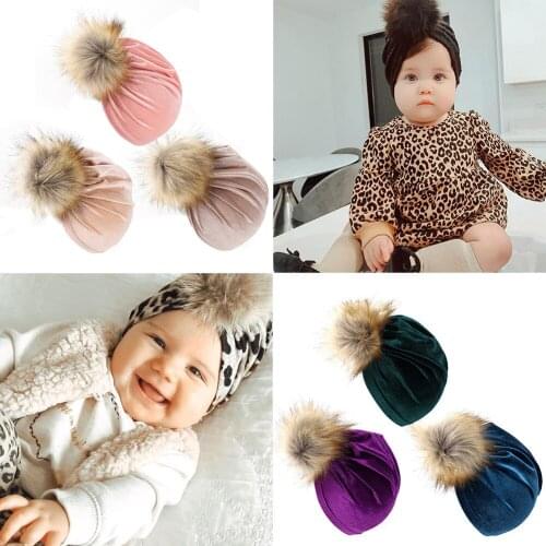 New Baby Girls Faux Fur Ball Caps Golden Velvet Infant Hats Newborn Kids Headwear Bonnet Child Birthday Gifts Photo Props