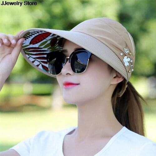 Wide Brim Beach Hat 1pc Women Sun Hats For Summer Pearl Packable UV Protection Female Caps Sun Visor Hat With Big Heads