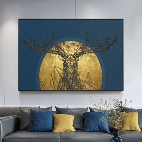 Modern Nordic Golden Abstract Lines Deer Animal Posters and Prints Canvas Painting Wall Pictures for Kids Study Room Decoration