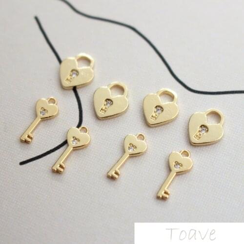 Ultra-Fine Inlaid Zircon Copper Package 18K Gold Color Heart Key Handmade Materials Accessories 6 pcs