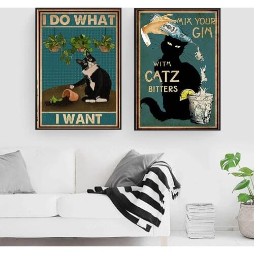 Mental Black Cat Poster I Do What I Want Quote Art Print Vintage Mix Your Gin Funny Bathroom Garden Canvas Painting Home Decor