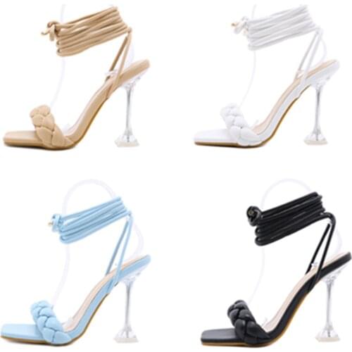 Termainoov Women Sandals High Heels Ankle Strap Square Toe Heeled Gladiator Sandal Dress Shoes Big Size Lace Up Party Shoe