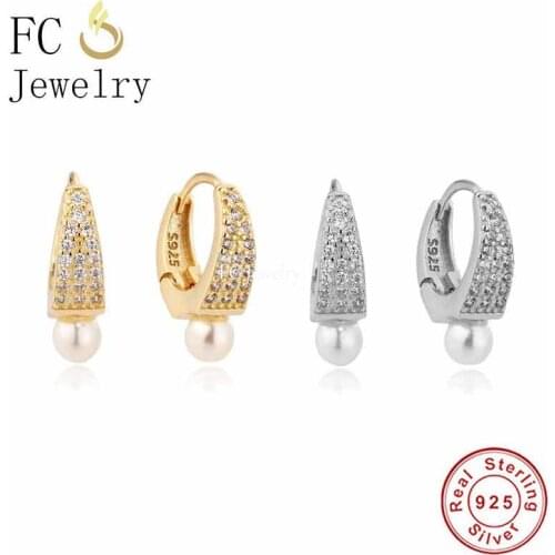 925 Sterling Silver 18k Gold Plate Hairband Shape Zircon imitation Pearl Huggies Hoop Earring For Women Pendientes Brincos 2021