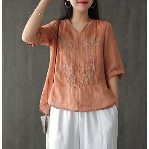 Johnature Ramie Embroidery Vintage Women Shirts V-neck Short Sleeve 2021 Summer Chinese Style Blouses Loose 6 Colors Tops