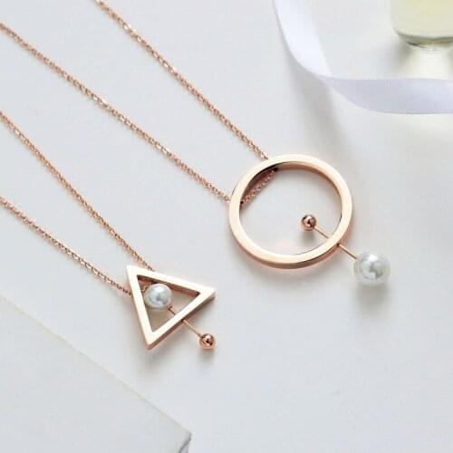 YUNRUO 316L Titanium Steel Elegant Girl Round Triangle Pearl Long Necklace Rose Gold Color Woman Fashion Jewelry Gift Not Fade