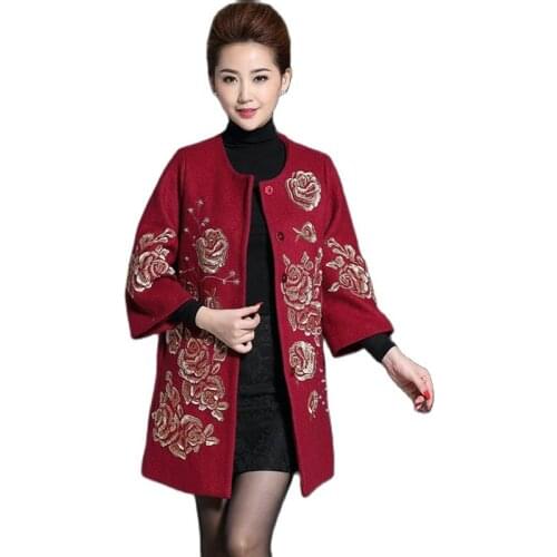 Middle-aged Womens Wool Coat Autumn Winter Clothing National Embroidery Thick Woolen Black Red Mother Embroidered Coat M To 4XL