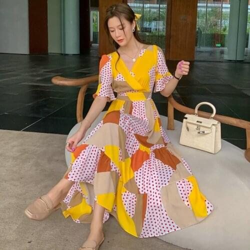 2021 Summer New Patchwork Design Ruffle Chiffon Dress Womens Yellow Dot Print Chiffon Dress