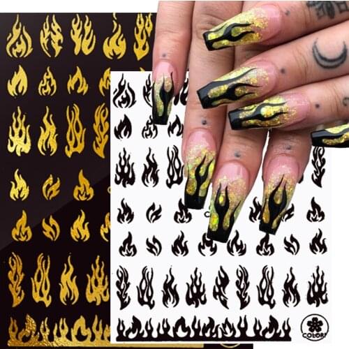 1PC 3D Flame Nail Sticker Fire Nails Foil Gold Black White Self Adhesive Nail Stickers Manicures Decals DIY Nail Art Decorations