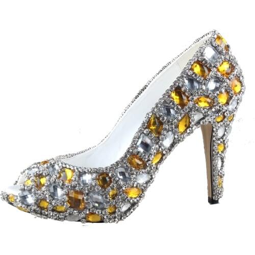 CH1036 Custom Made Luxury Rhinestone Crystal Yellow Shoes Bridal Wedding Shoes Women High Heels Shoes Party Shoes