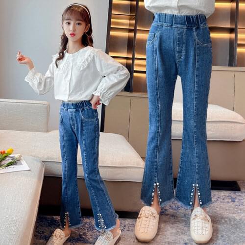 Jeans for Girls 2021 Autumn Fashion Kids Bell-Bottomed Pants Childrens Clothing Casual Teenager Girls High Waist Pearl Trousers