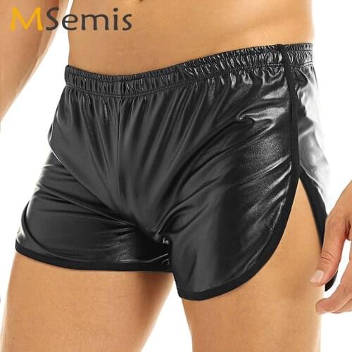 Mens Sexy Faux Leather Short Pants Summer Fashion Low Waist Wetlook Boxer Shorts Underwear Exotic Homme Casual Hot Mini Leggings