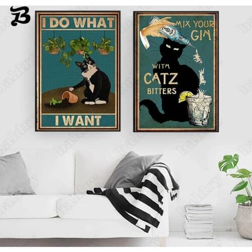 Funny Cat Poster Wall Art i Do What I Want Quote Poster and Print Vintage Canvas Painting Wall Pictures for Bathroom Home Decor