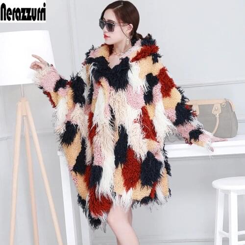 Oversized Hooded Faux fur Coat Women Asymmetrical Colorful Fluffy Large Size Fake Fur Cloak Long Shaggy Hairy Bat Sleeved Jacket