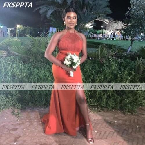 Orange Mermaid African Bridesmaid Dresses Corset Side Slit Long Backless Black Women Wedding Party Gown Wholesale Maids Dress