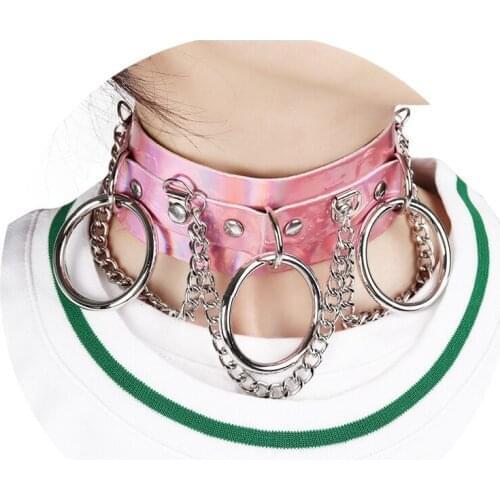 Sexy Punk Gothic Pink Laser Leather O-ring Studded Choker Necklace Vintage Charm Round Collar Necklaces Women Jewelry Gift
