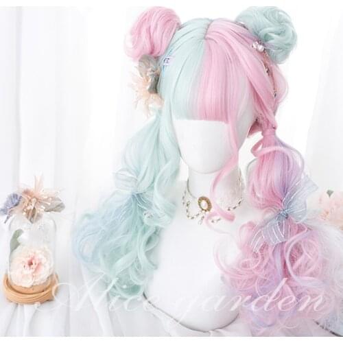 Soft girl Lolita wig merry go round horse macarone Lolita long curly hair student sweet and lovely Strawberry mint ice cream
