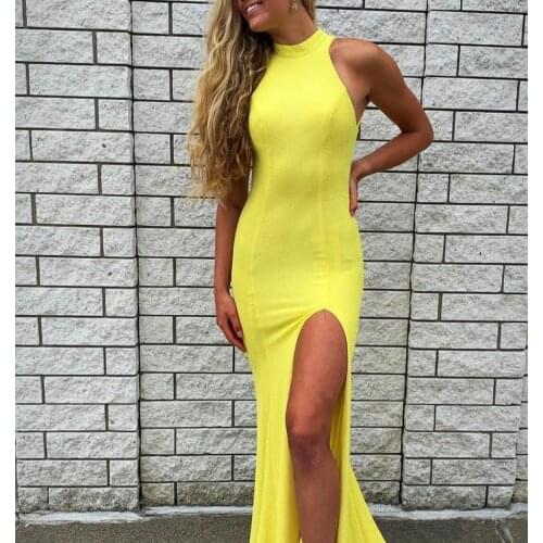 Sexy Bodycon Long Yellow Halter Evening Dresses with Slit Mermaid Floor Length Criss Cross Back Formal Party Dress for Women