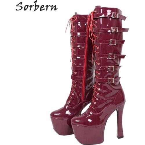 Sorbern Lace Up Round Toe Knee High Boots For Women Zip Up Straps Buckles Spool Heels Platform Boots New Womens Shoes Size 10