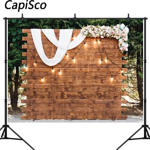 Capisco Photography Backdrops String Lights Wooden Background Flower Wedding Birthday Party Banner Decor Photo Studio Props