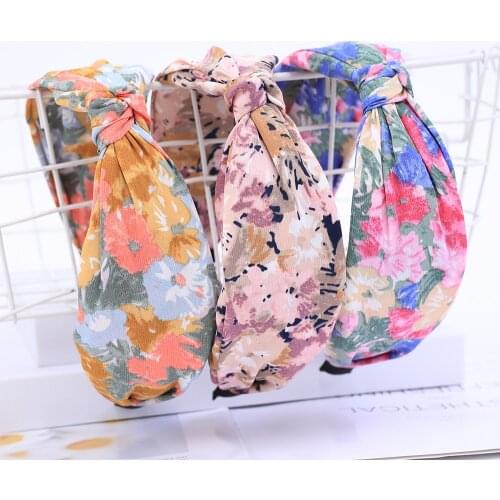 Flower Print Folds Headband Bezel Turban Elastic Scrunchies for Women Bow Hairband Top Knot Girls Hair Accessories Jewelry Bands