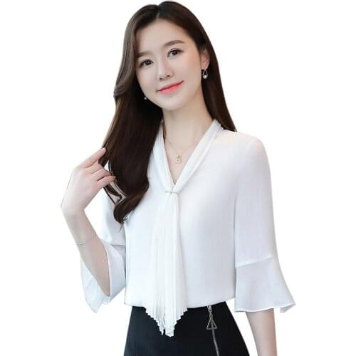 Womens Chiffon Blouse Summer Casual Short Sleeve Top Fashion Solid Color Bowknot Trumpet Sleeve Shirt