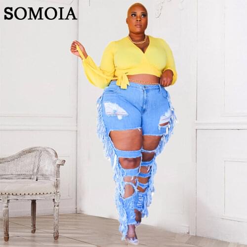 Plus Size Women Clothing Streetwear Holed High Waist Jeans Sexy Tassels Tights Denim Bottoms Cowboy Pants Trousers Wholesale