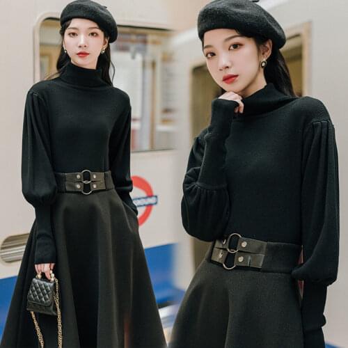 Women 2021 Spring Autumn Fashion Retro Two-piece Suits Female Solid Color Sweater Tops Ladies Loose A-line Skirts Sets K132