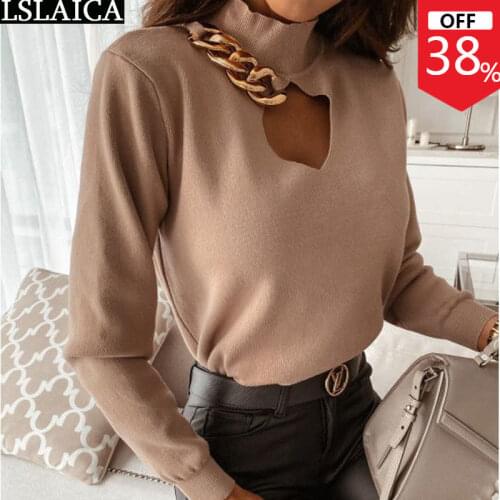 Pullover Women Casual Elegant Solid Long Sleeve Woman Sweaters Fashion New Arrival Chain Decoration Hollow Out Kobieta Swetry