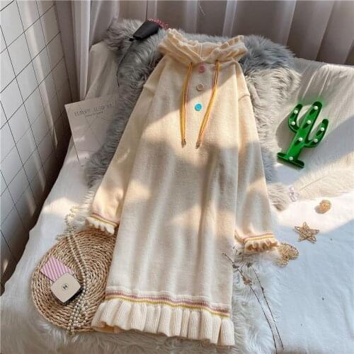 Sweater dress women long section 2021 autumn and winter new hooded loose Korean hooded long-sleeved knitted dress