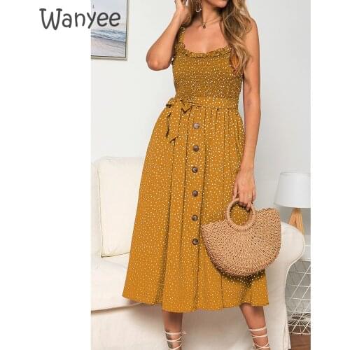 Women Sexy Summer Sleeveless Dress Strapless Bow Button Loose Bandage Pleated Polka Dot Printed Sundress Casual Backless Ruffle