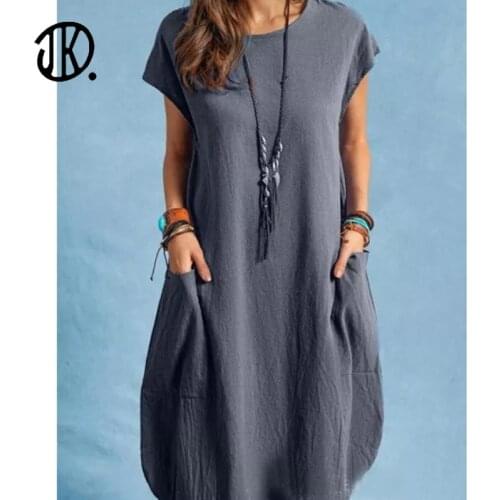 Ladies Casual Solid Color Dress Round Neck Loose Mid-length Mini Dresses Summer Short-sleeved Cotton And Linen Dress Vestido 2XL
