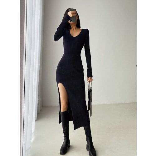 SINGREINY Women Autumn Knitted Dress Vintage Fashion Korean Elastic Slim Pencil Dress Winter Sexy Bodycon Split Sweater Dress