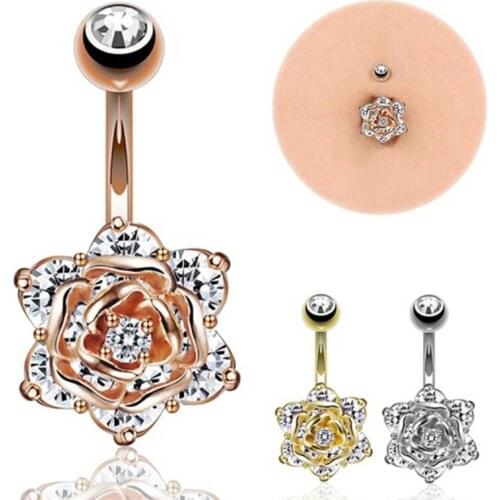 Gold Crystal Zircon Flower Dangle Navel Ring Belly Button Bar Body Piercing Jewelry Silver/Gold/Rose