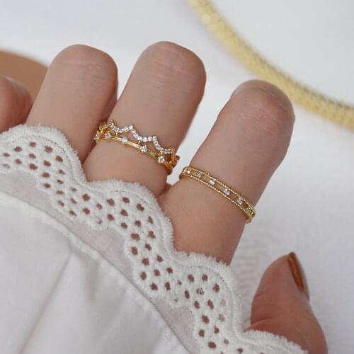 14K Real Gold Delicate Jewelry Engagement Adjustable Wave Rings for Women Simple Style Zircon Wedding Rings Set